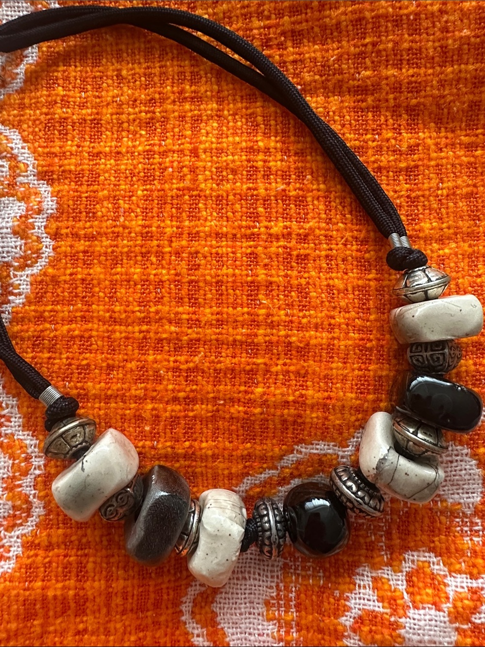 Vintage Chunky Handmade Black and Cream Bead Necklace - Women Jewelry